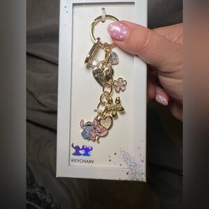 Disney Stitch & Angel Love Keychain Charms Ohana Flowers Heart Gold Pink Blue